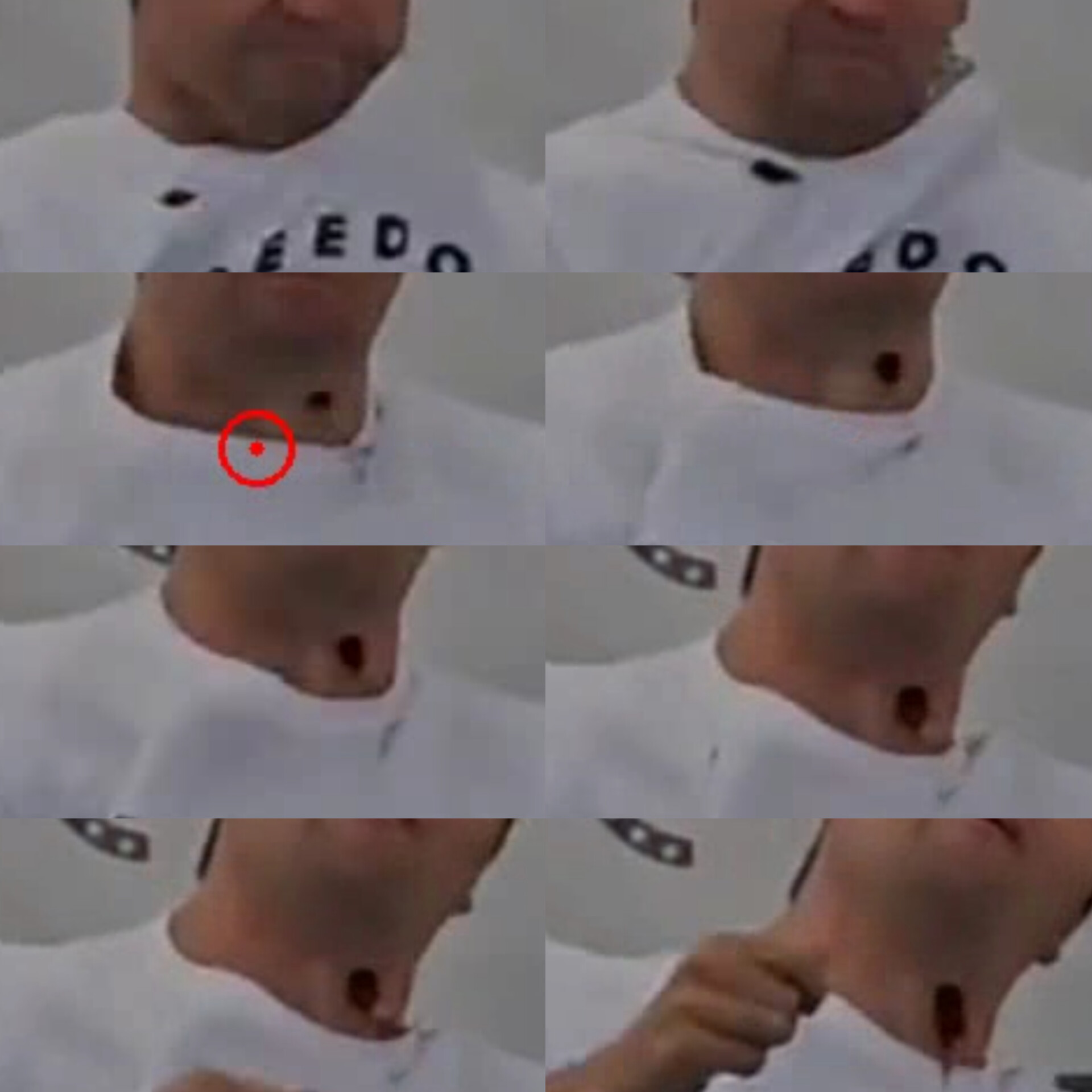 Sequential frames showing magnetic clasp tracking on shirt exterior